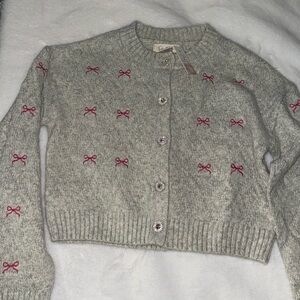 Jessica Simpson gray pink bow bling crystal button cardigan sweater 🎀🎀🎀 💎💎